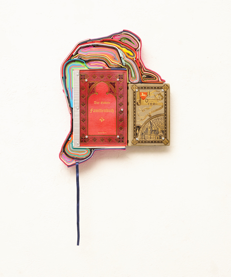 Dreizehnlinden, Book, cut books, textiles, screws, app. 32 × 28 x 4 cm, 2025