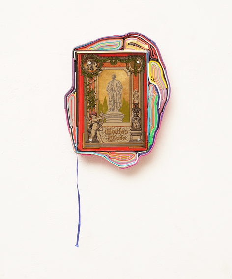 Goethe II, Book, cut books, textiles, screws, app. 33 x 24 x 4 cm, 2025