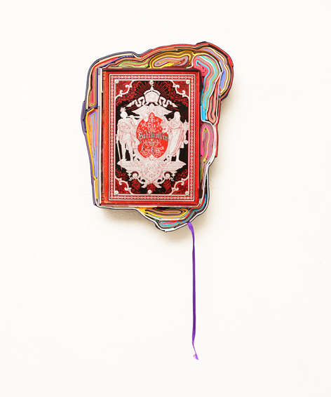 Hohenzollern, Book, cut books, textiles, screws, app. 34 x 26 x 4 cm, 2025