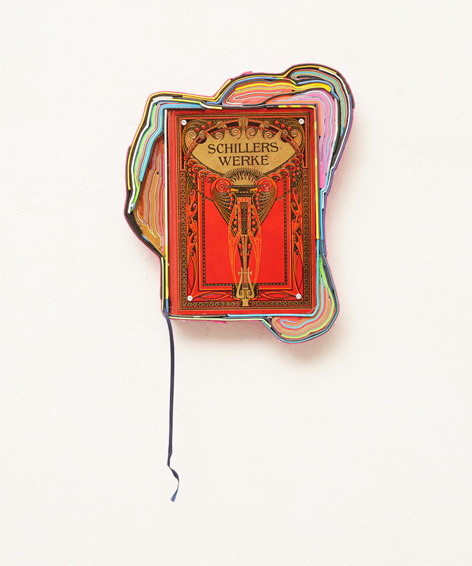 Schiller I (Schillers Werke), Book, cut books, textiles, screws, app. 32 x 24 x 4 cm, 2025