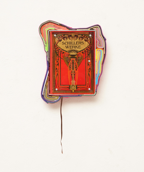 Schillers Werke II, Book, cut books, textiles, screws, app. 30 × 24 x 4 cm, 2025