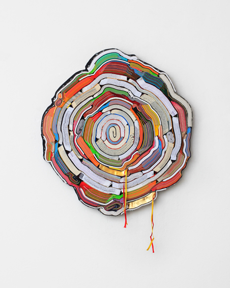 El Fuego, cut books, textiles, screws, app. Ø 60 x 6 cm, 2014