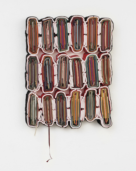 Nackt kam die Fremde, cut bookcovers, catalogues, textiles, screws, app.58 x 45 x 8 cm, 2011