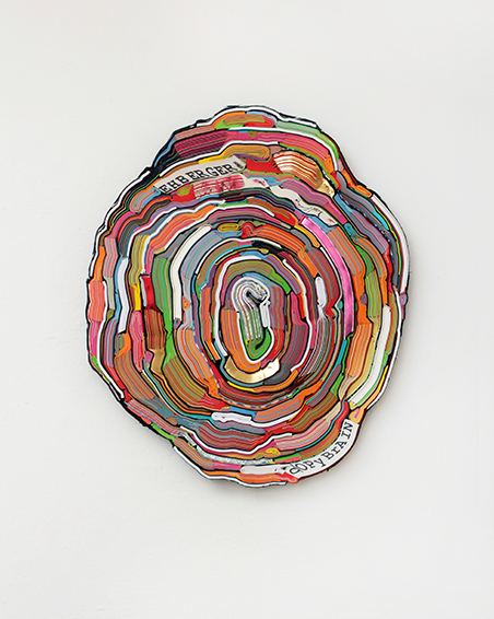 Tobias Rehberger - Copy brain, cut books, textiles, screws, app. Ø 60 x 6 cm, 2014