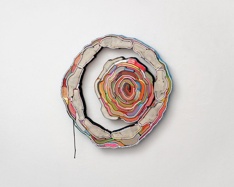 White Harvest, cut books, textiles, screws, app. Ø 70 x 6 cm, 2014