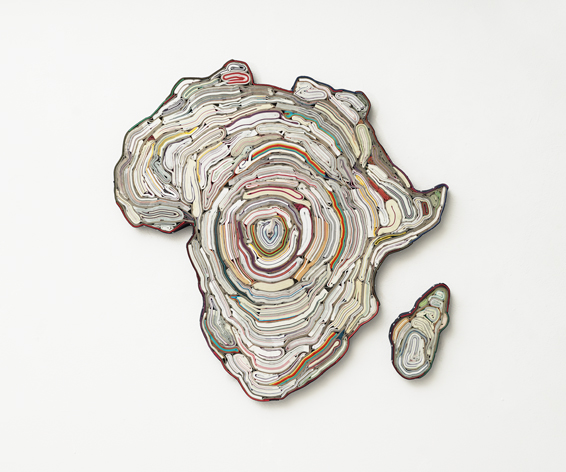 Africa, my Africa, geschn. Bücher, Textilien, Schrauben, ca.: 85 x 82 x 4 cm (2-teilige Installation), 2018